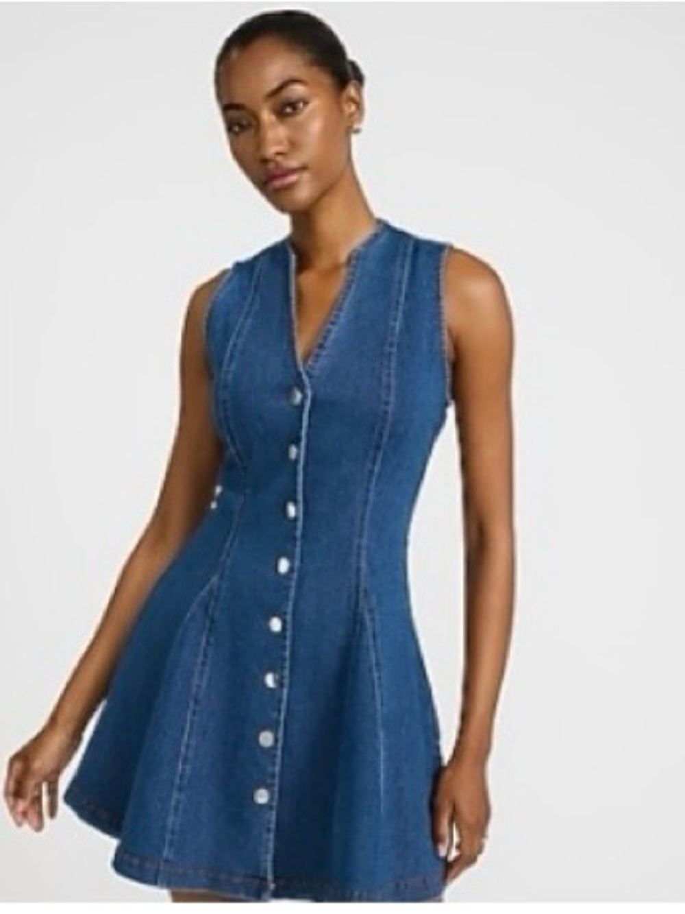 Express Dark Blue Denim Button-Front Fit & Flare Dress